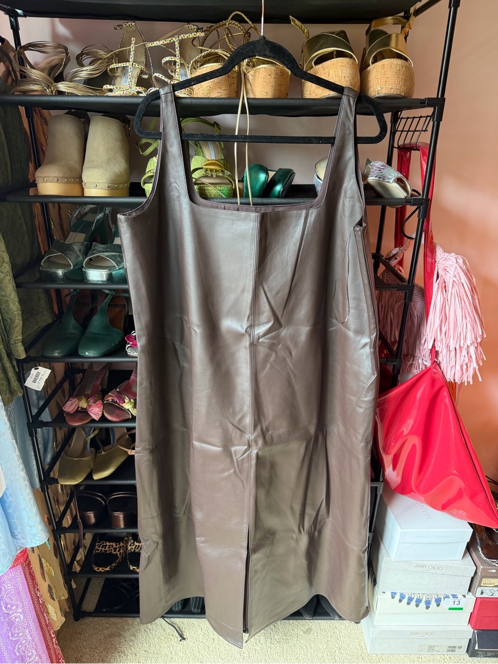 Faux Leather Maxi Dress in Brown — Sleeveless Square Neck